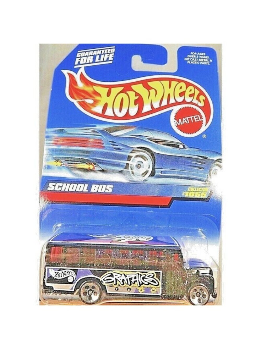 Vintage Die Cast Hot Wheels 1999 SCHOOL BUS #1055 Black Graphics 5 Hole Mattel